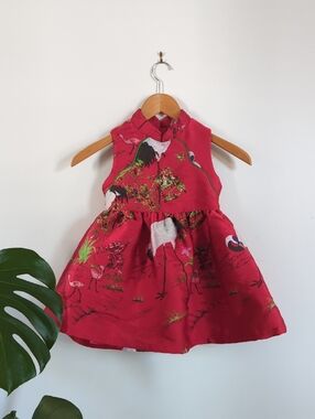 Girls' Red Chinese Inspired Floral & Crane Print Formal Dress